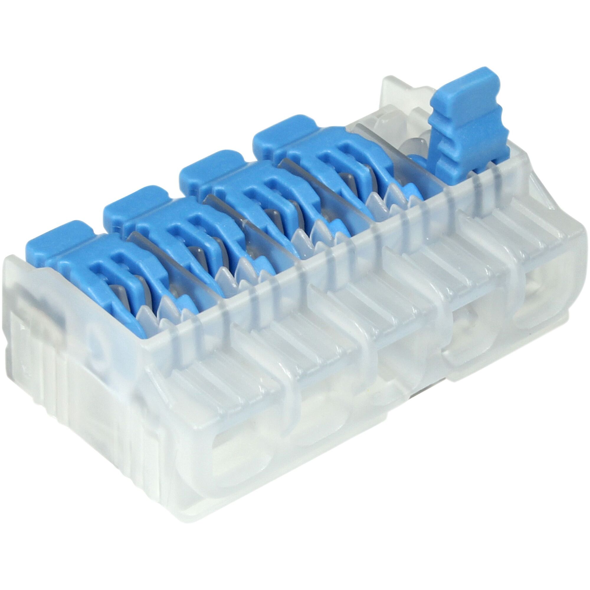 IDEAL, In-Sure® Lever Wire Connectors 5-Port, Levers positioned opposite of the wire port, Supports 12 AWG to 24 AWG, Max rated voltage is 600V and max temp is 105°C, Two-stage locking, continuity check port, strip length guide, 30&